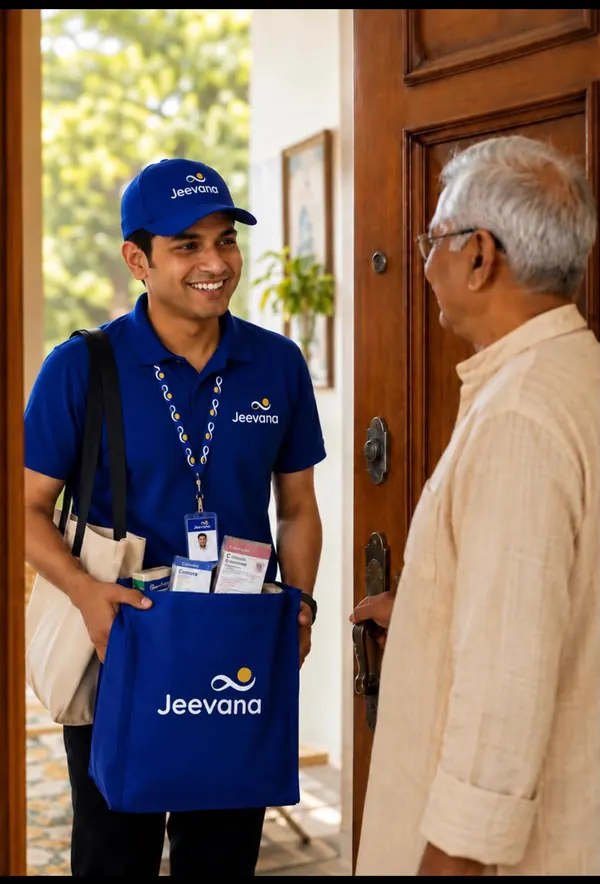 A Jeevana Care Partner greeting an elder at the doorway