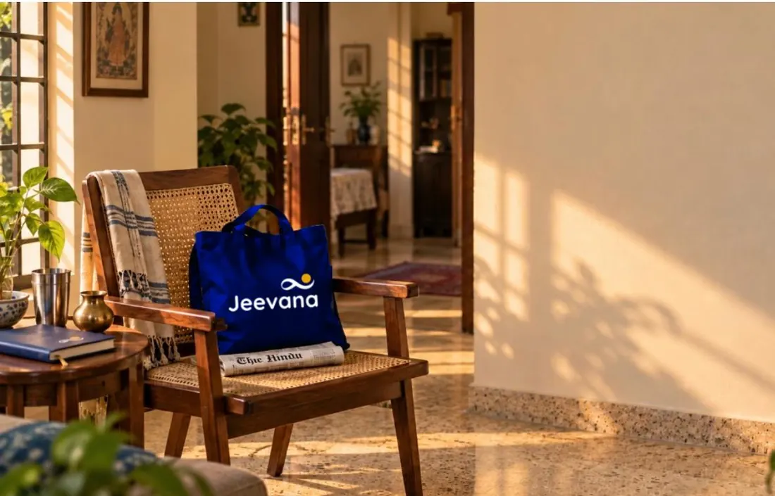 A Jeevana tote bag on a wooden chair in a sunlit home