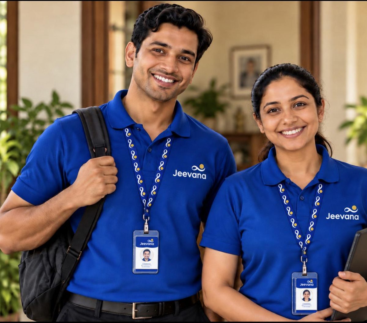 Two Jeevana Care Partners in uniform, wearing photo IDs.